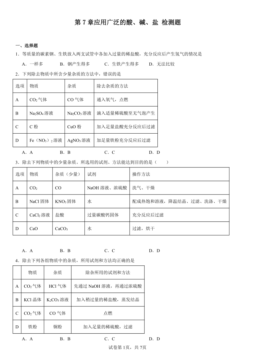 第7章应用广泛的酸、碱、盐检测题（含解析）2023-2024学年九年级化学沪教版（全国）下册