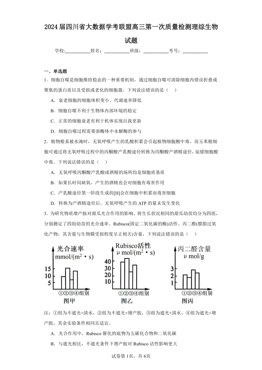 2024届四川省大数据学考联盟高三第一次质量检测理综生物试题（解析版）