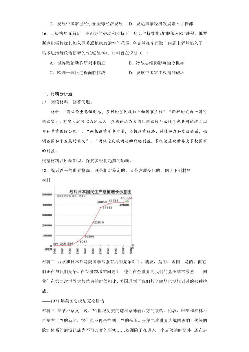 第九单元 当代世界发展的特点与主要趋势 单元测试（含解析）高中历史 统编版（部编版）  必修 中外历史纲要（下）