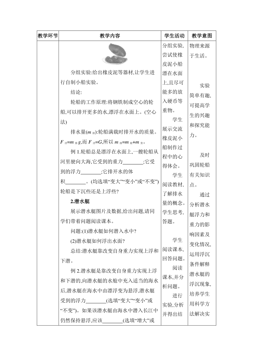 人教版物理八年级下册10.3.2浮沉条件的应用 教案（表格式）