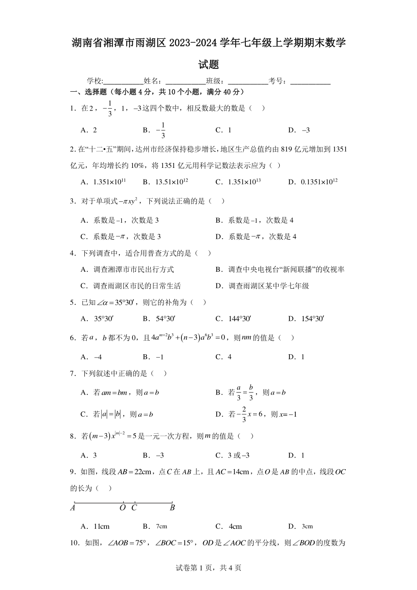 湖南省湘潭市雨湖区2023-2024学年七年级上学期期末数学试题(含解析)