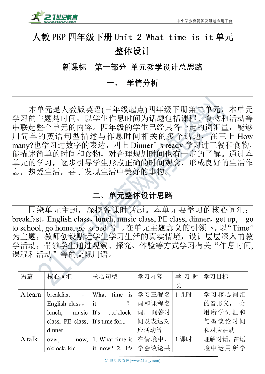 【单元整体教学设计】Unit 2 What time is it PA Let's talk 教案