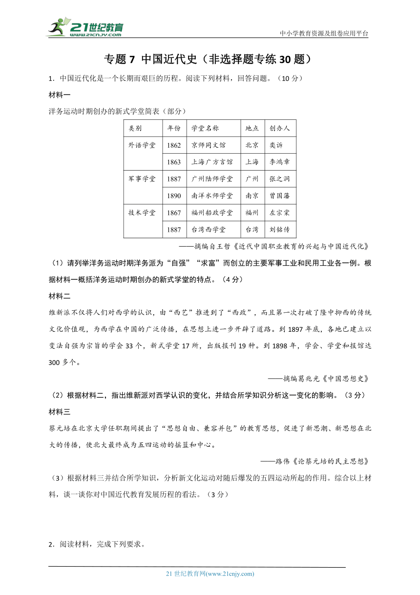 【备考2024中考】专题7 中国近代史（非选择题专练30题）（含答案解析）