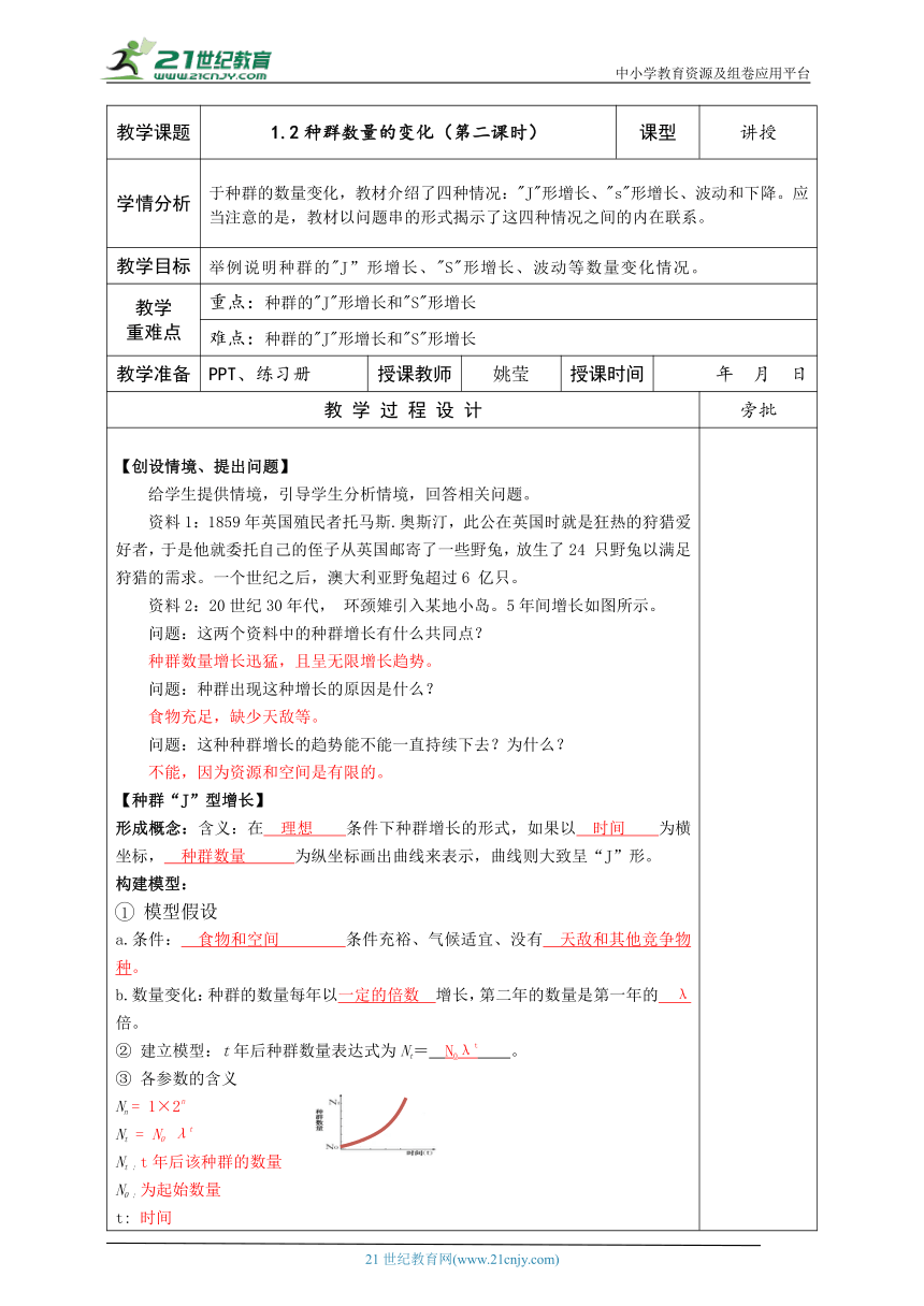 1.2种群数量的变化（第二课时） 教案(表格版）