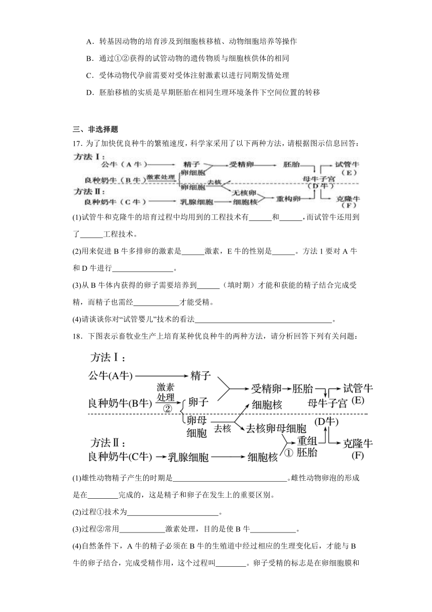 2.3胚胎工程同步练习2023-2024学年高二下学期生物北师大版选择性必修3（含解析）