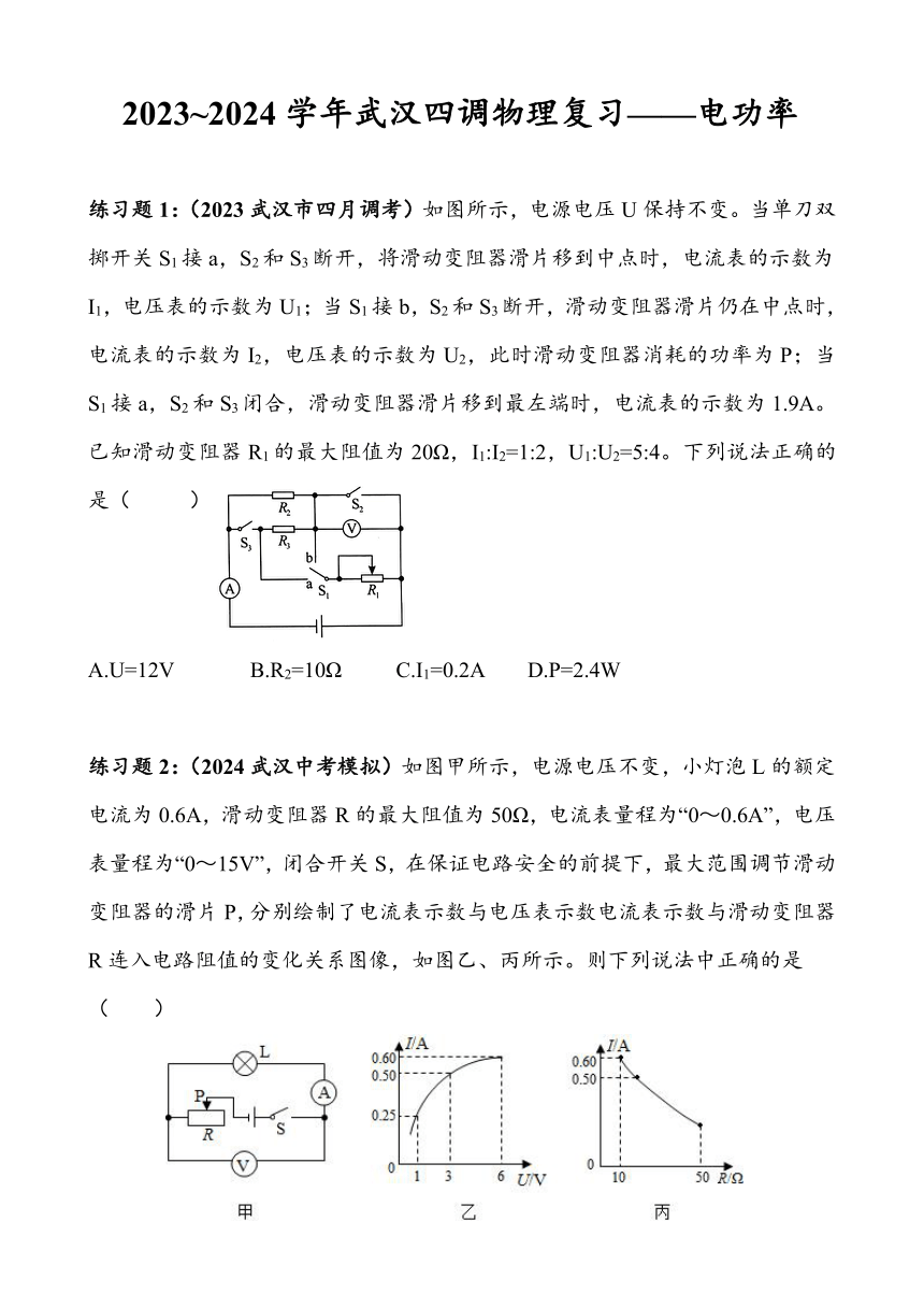 2023~2024学年湖北省武汉市四月调考物理专题复习——电功率（含答案）