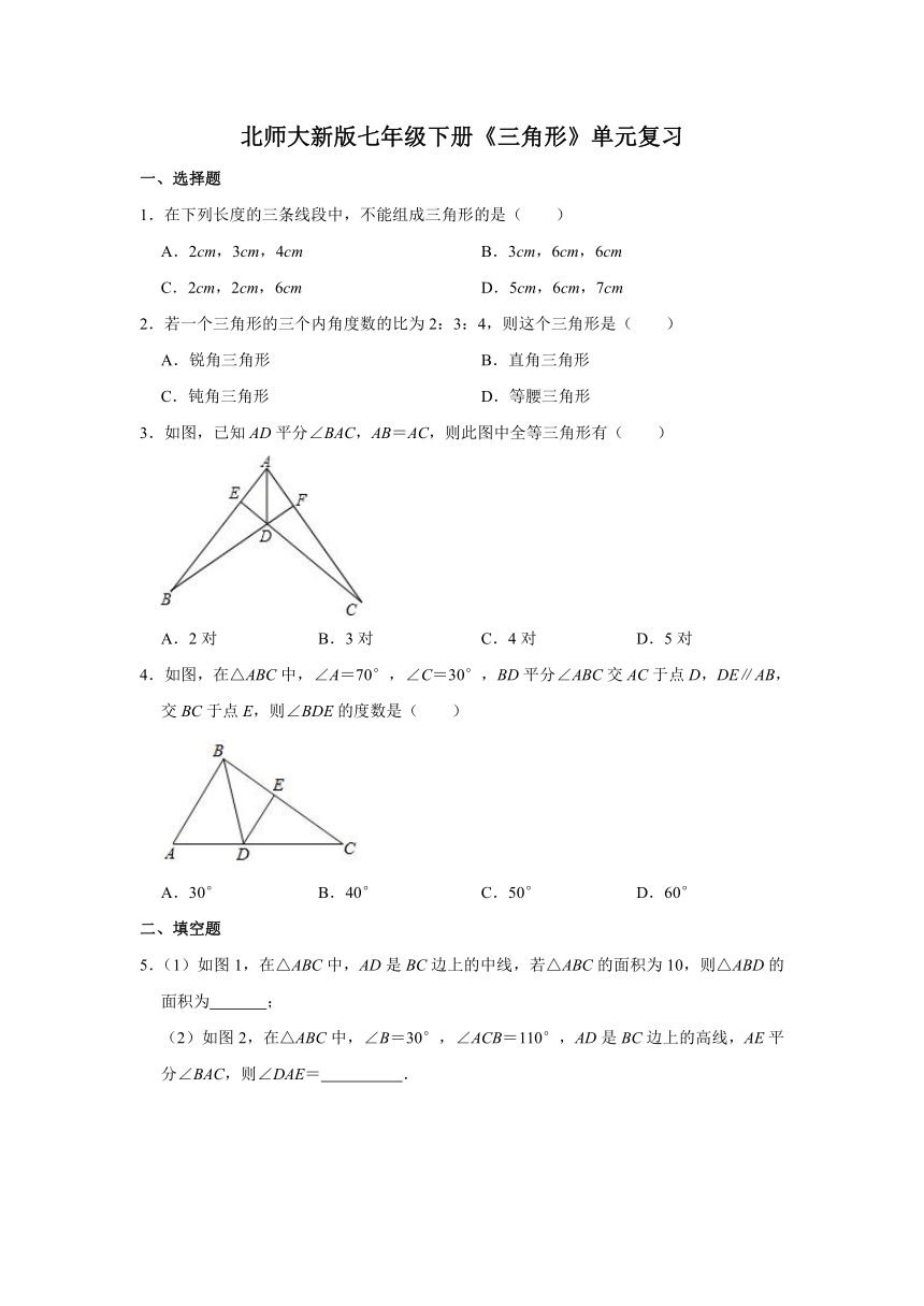 北师大版七年级下册第四章 三角形 单元复习（含答案）