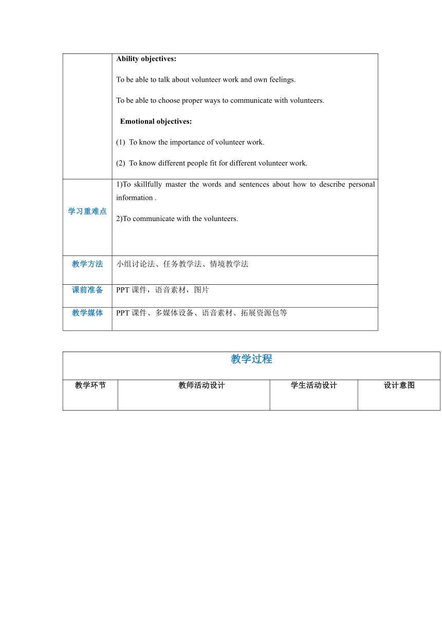 高教版（2021）基础模块2 Part1-2 Unit4 Volunteer Work 教案（表格式）