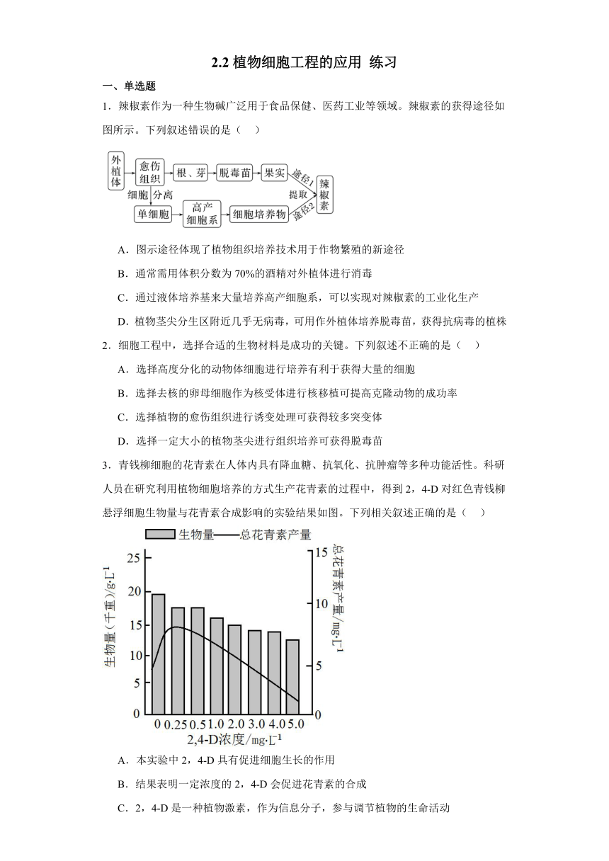 2.2植物细胞工程的应用 练习2023-2024学年高二下学期生物苏教版（2019）选择性必修3（解析版）