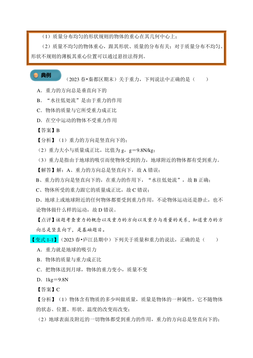 2023-2024学年八年级下册物理人教版 7.3 重力 讲义 （含答案）