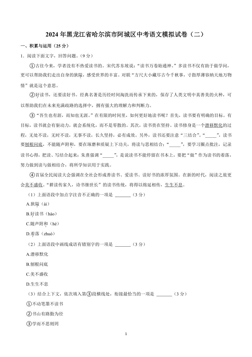 2024年黑龙江省哈尔滨市阿城区中考语文模拟试卷（二）（含解析）