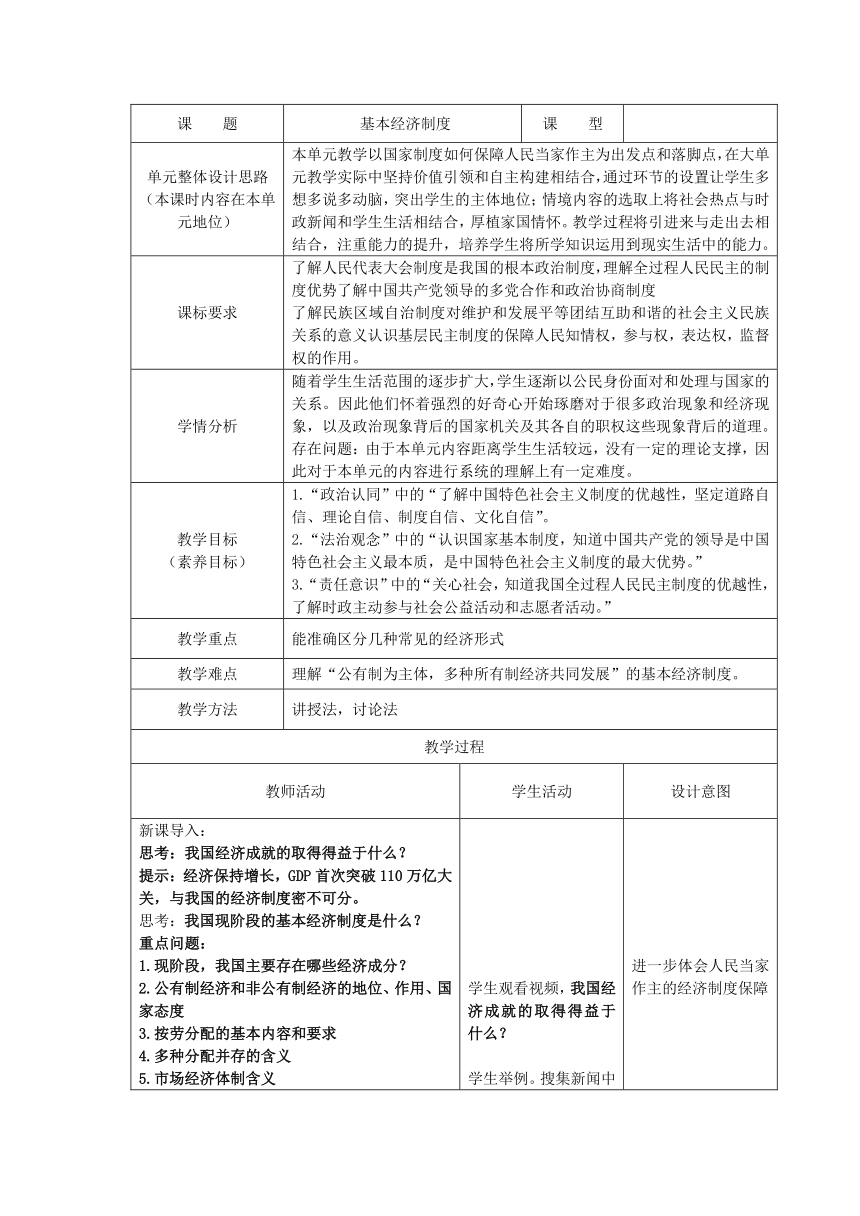 【核心素养目标】5.3  基本经济制度  教学设计（表格式）