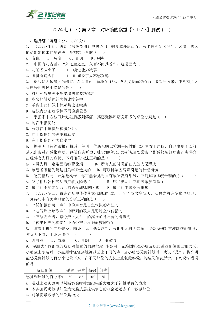 2024年浙教版科学 七下 第2章  对环境的察觉【2.1-2.3】测试（1）（含答案）