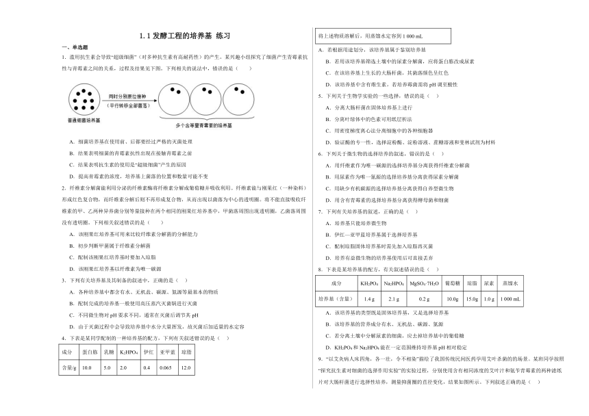 1.1发酵工程的培养基 练习2023-2024学年高二下学期生物苏教版选择性必修3（含解析）