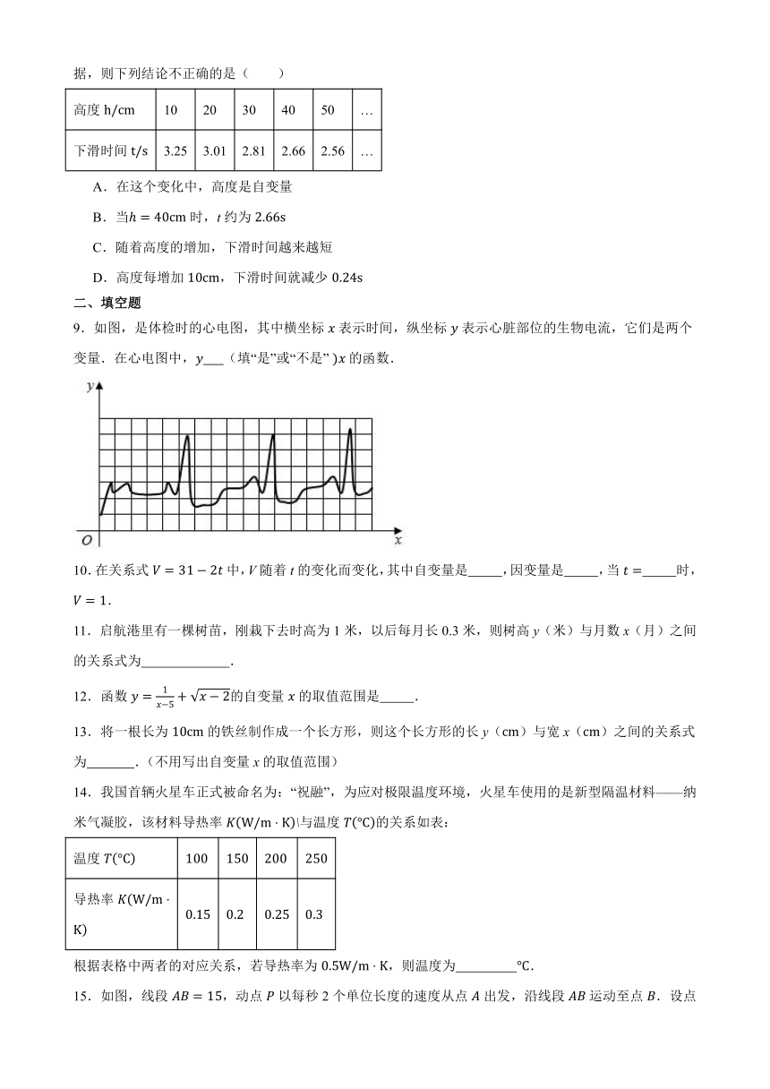 2023-2024学年华东师大版八年级数学下册17.1 变量与函数 同步练习（含答案）