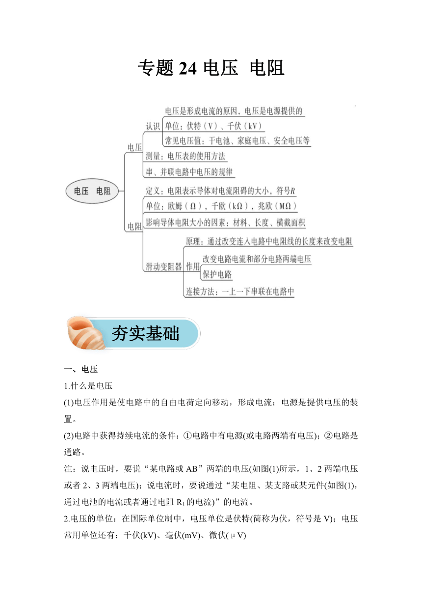 2024年中考物理复习专题24 电压 电阻 讲义（含解析）