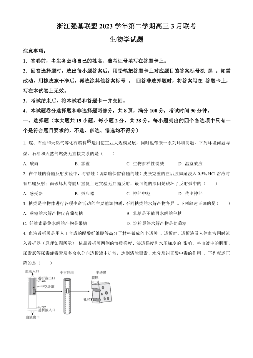 浙江省强基联盟2023-2024学年高三下学期3月联考试题 生物 （解析版）