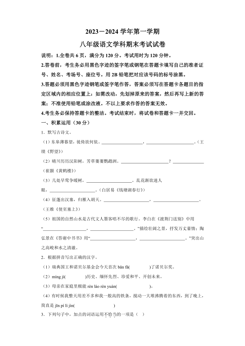 广东省梅州市梅县区2023-2024学年八年级上学期期末 语文试题（含解析）