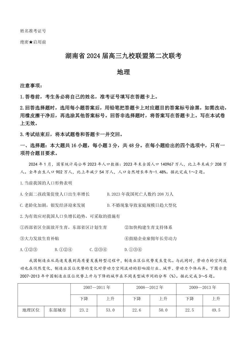 湖南省九校联盟2023-2024学年高三下学期第二次联考地理试题（含解析）