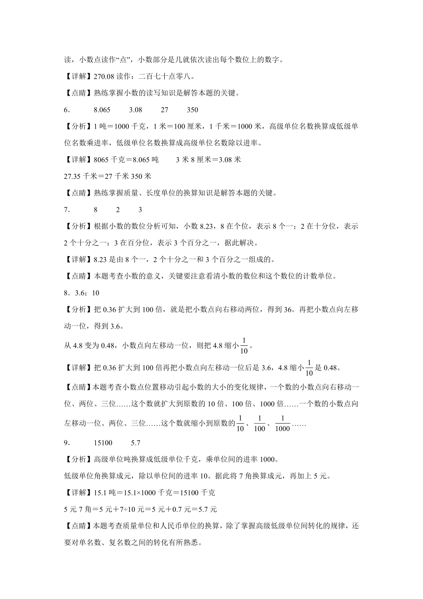 湖南省期末试题汇编-07小数的意义和性质（填空题培优提升题）-小学四年级数学下册（人教版）（含解析）