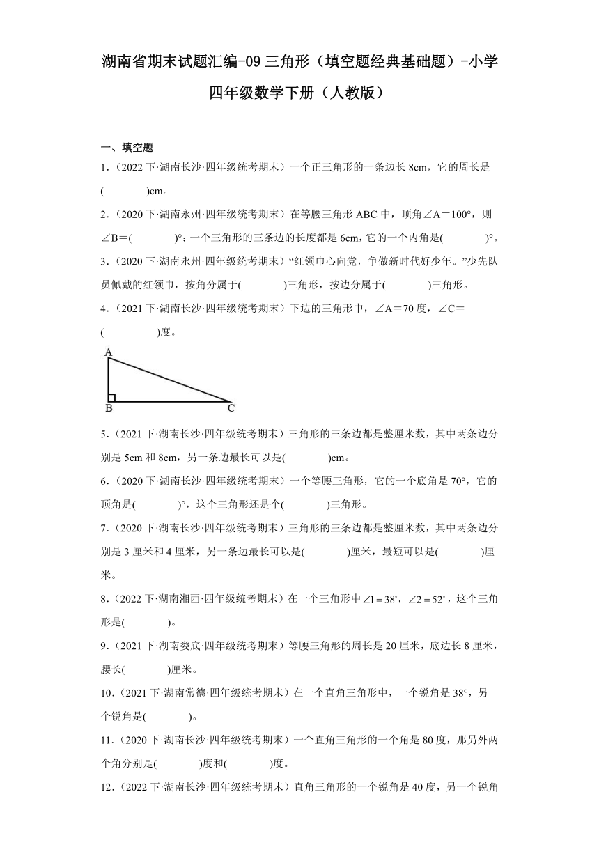 湖南省期末试题汇编-09三角形（填空题经典基础题）-小学四年级数学下册（人教版）（含解析）