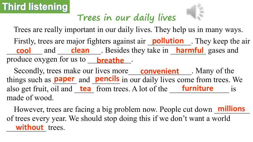 Unit 4 Save the trees reading-listening课件(共24张PPT)