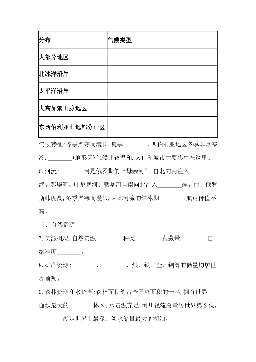 湘教版七下地理8.3俄罗斯 第1课时 面积最大的国家  同步习题（含答案）