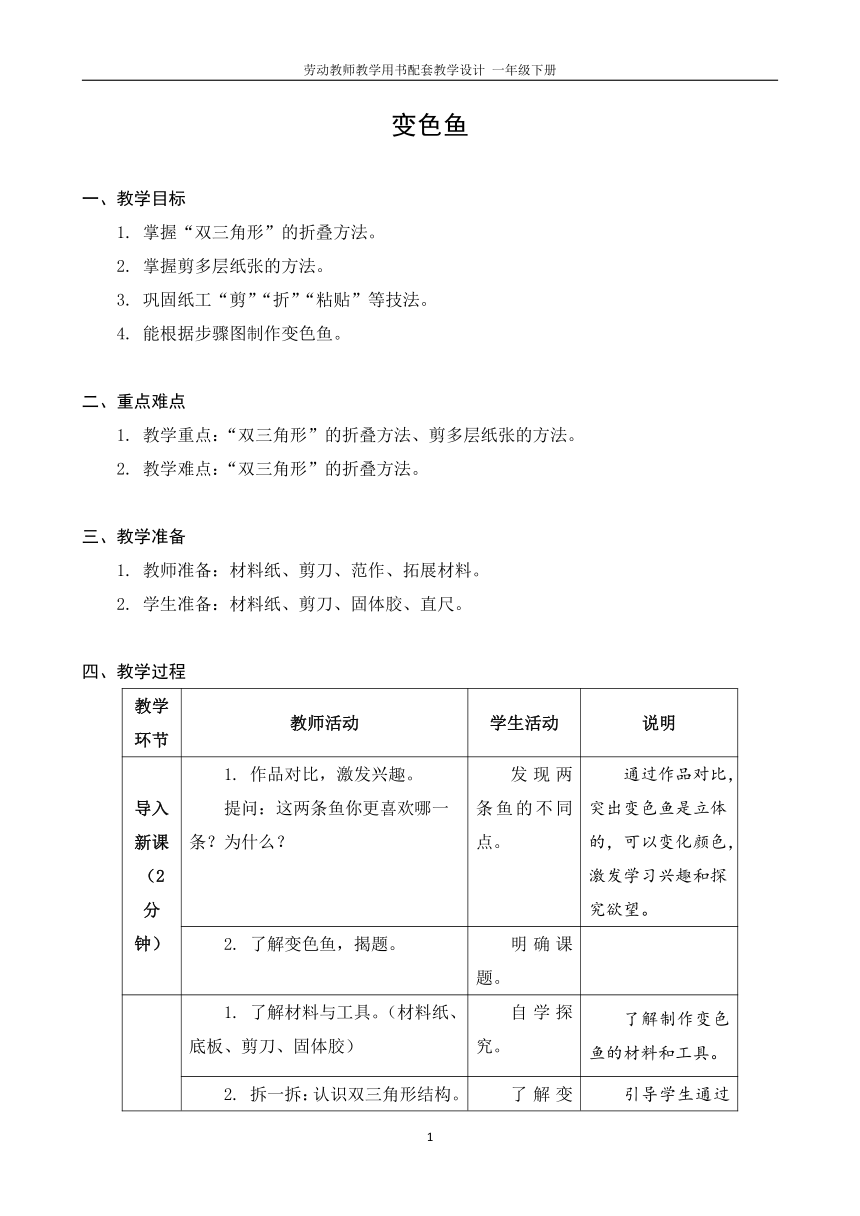 2024年小学一年级苏教版劳动技术下册教案07 变色鱼