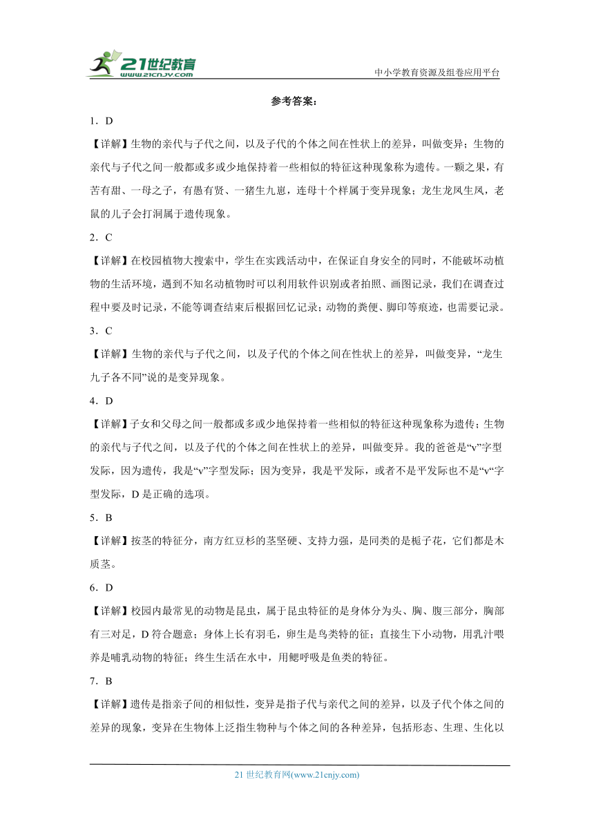 教科版六年级下册科学第二单元生物的多样性综合训练（含答案）