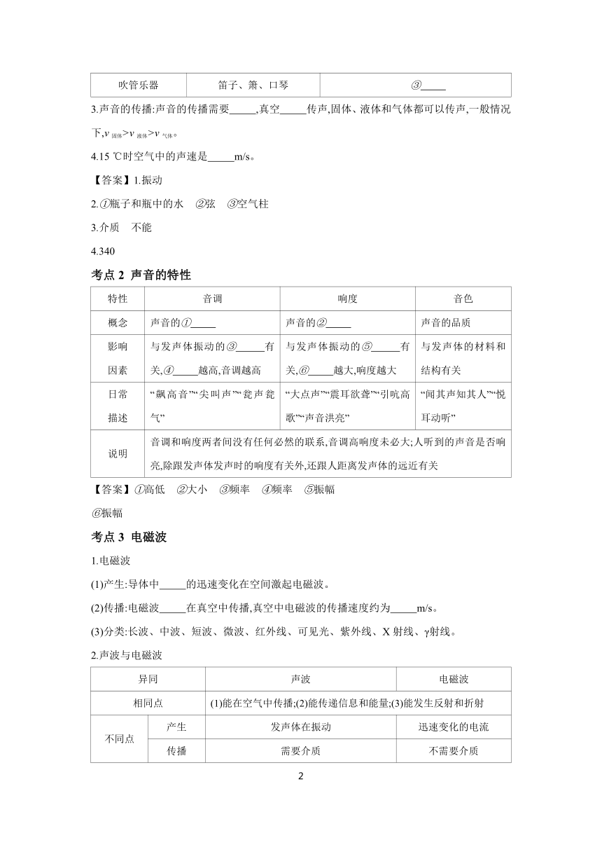 2024年中考物理一轮复习 考点精讲 学案 第1章 声与电磁波（含答案）