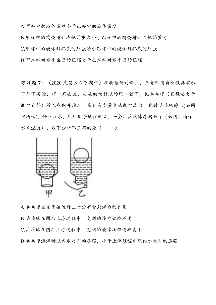 湖北省武汉市武昌区2023~2024学年八年级下册期中复习——浮力（含答案）