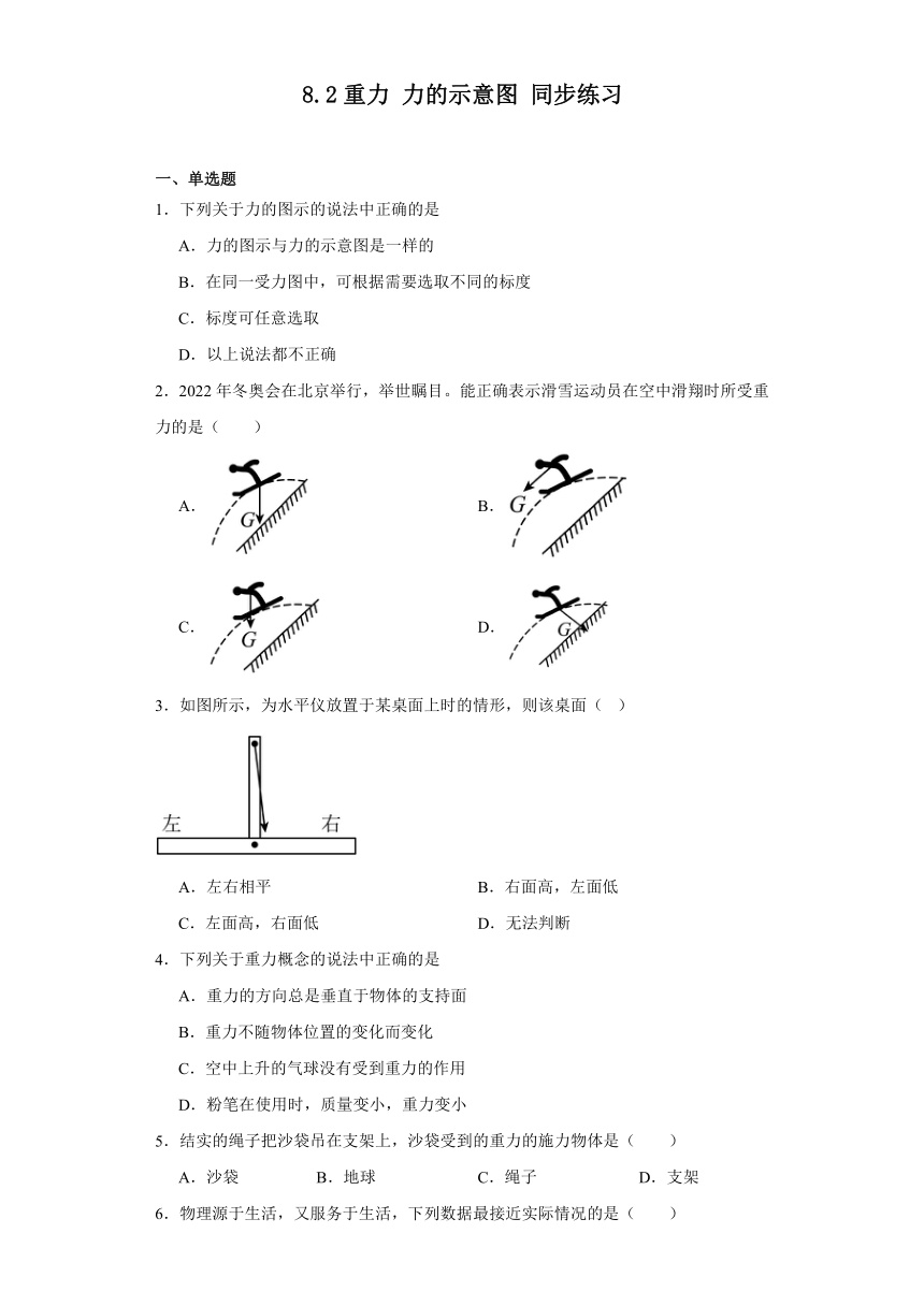 8.2重力力的示意图同步练习（含答案）苏科版物理八年级下册