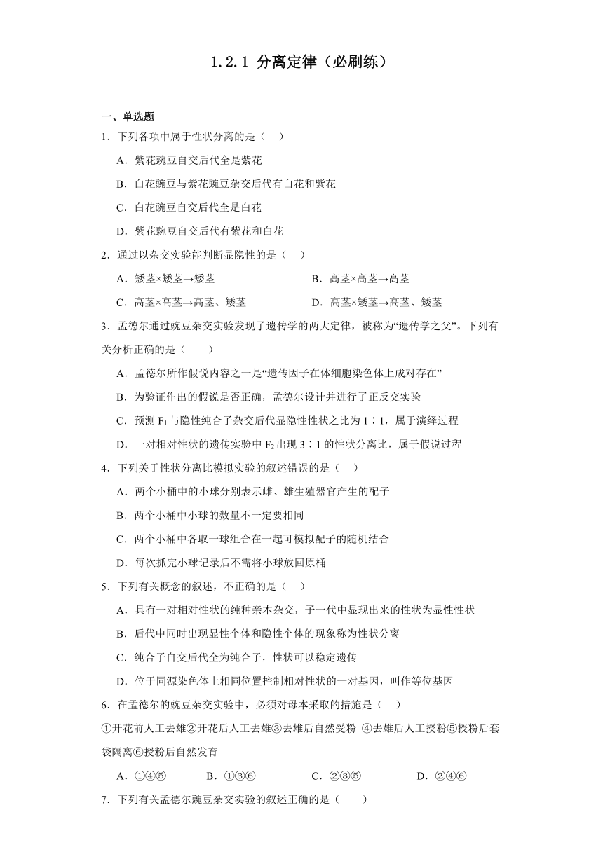 1.2.1分离定律（必刷练）-2023-2024学年高一生物（苏教版2019必修2）（含解析）