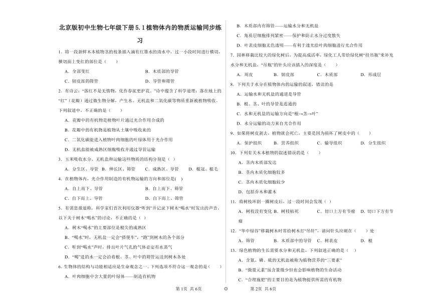 5.1植物体内的物质运输同步练习（含答案）北京版初中生物七年级下册