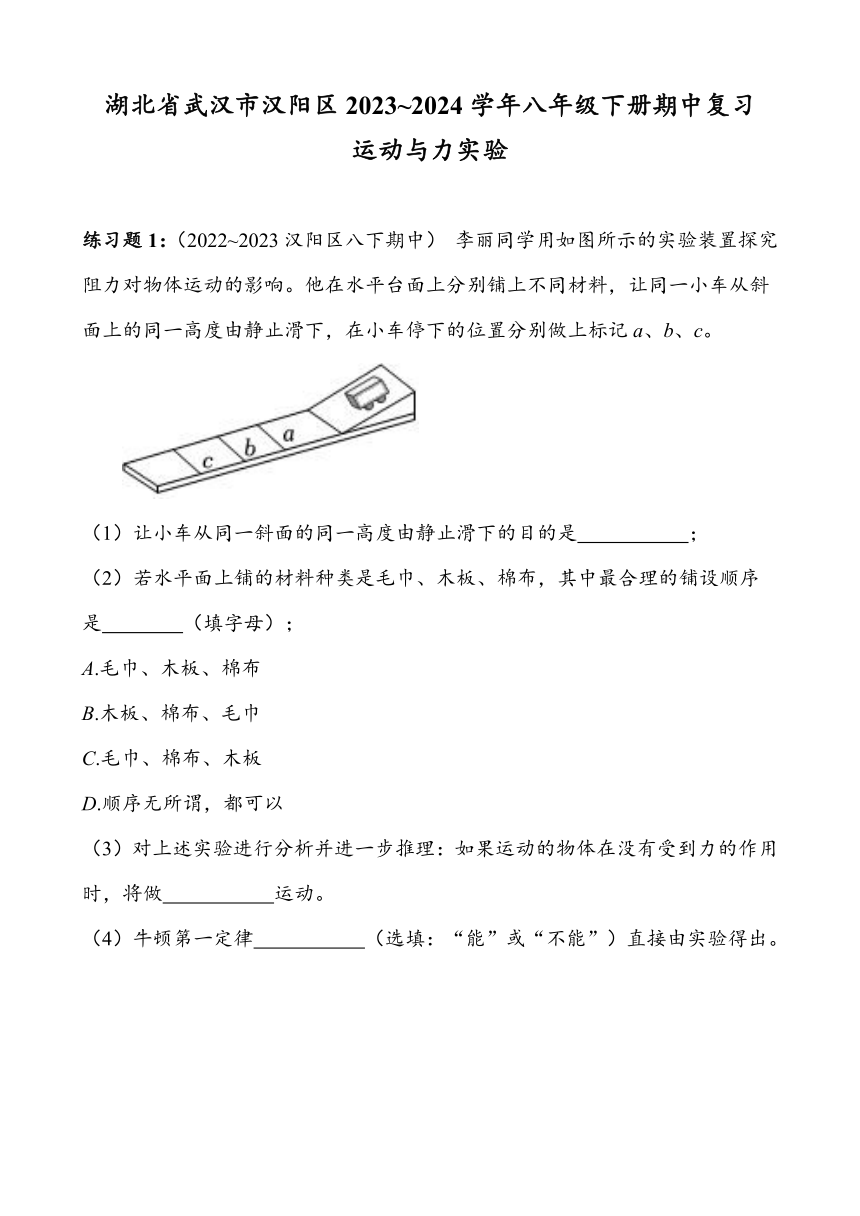 湖北省武汉市汉阳区2023~2024学年八年级下册期中复习——运动与力实验（含答案）