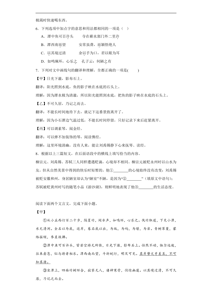 2024年九年级中考语文专题复习：《小石潭记》对比阅读（含答案）