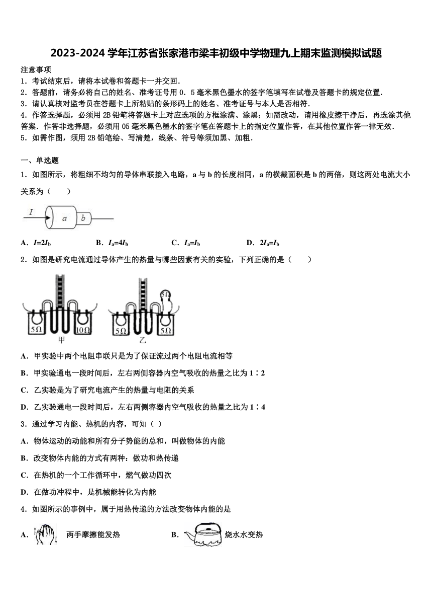 2023-2024学年江苏省张家港市梁丰初级中学物理九上期末监测模拟试题（含解析）