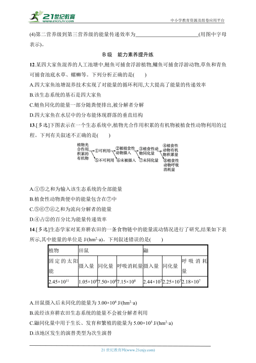 2024人教版(2019)高中生物学选择性必修2练习题--第2节　生态系统的能量流动（含解析）