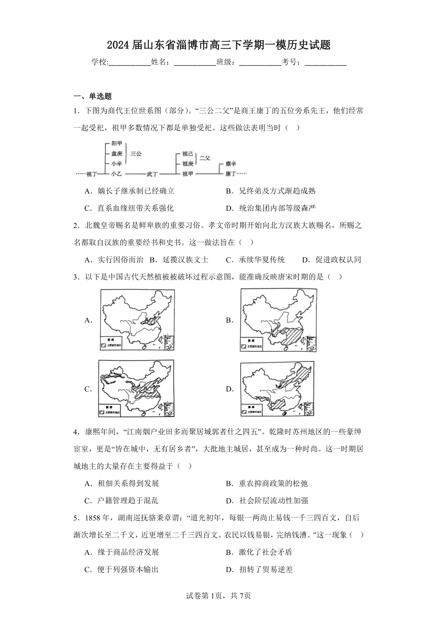 2024届山东省淄博市高三下学期一模历史试题（含解析）