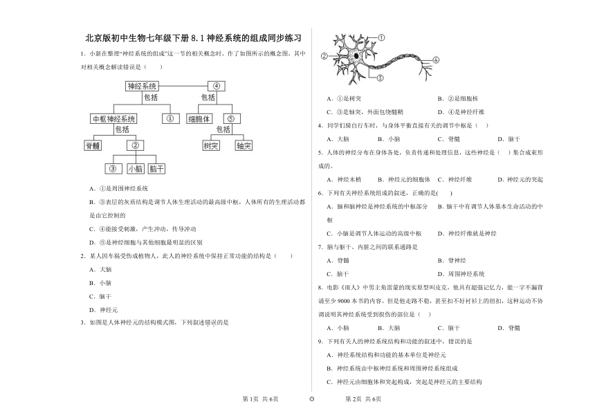 8.1神经系统的组成同步练习（含答案）北京版初中生物七年级下册