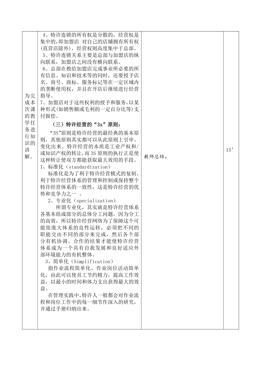 项目四 连锁经营的基本模式 任务2 特许加盟连锁教案（表格式）《连锁店经营基础》（中国财政经济出版社）