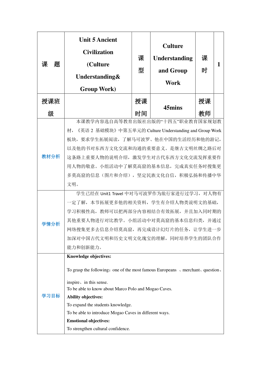 高教版（2021）基础模块2 Part6 Unit5 Ancient Civilization教案（表格式）