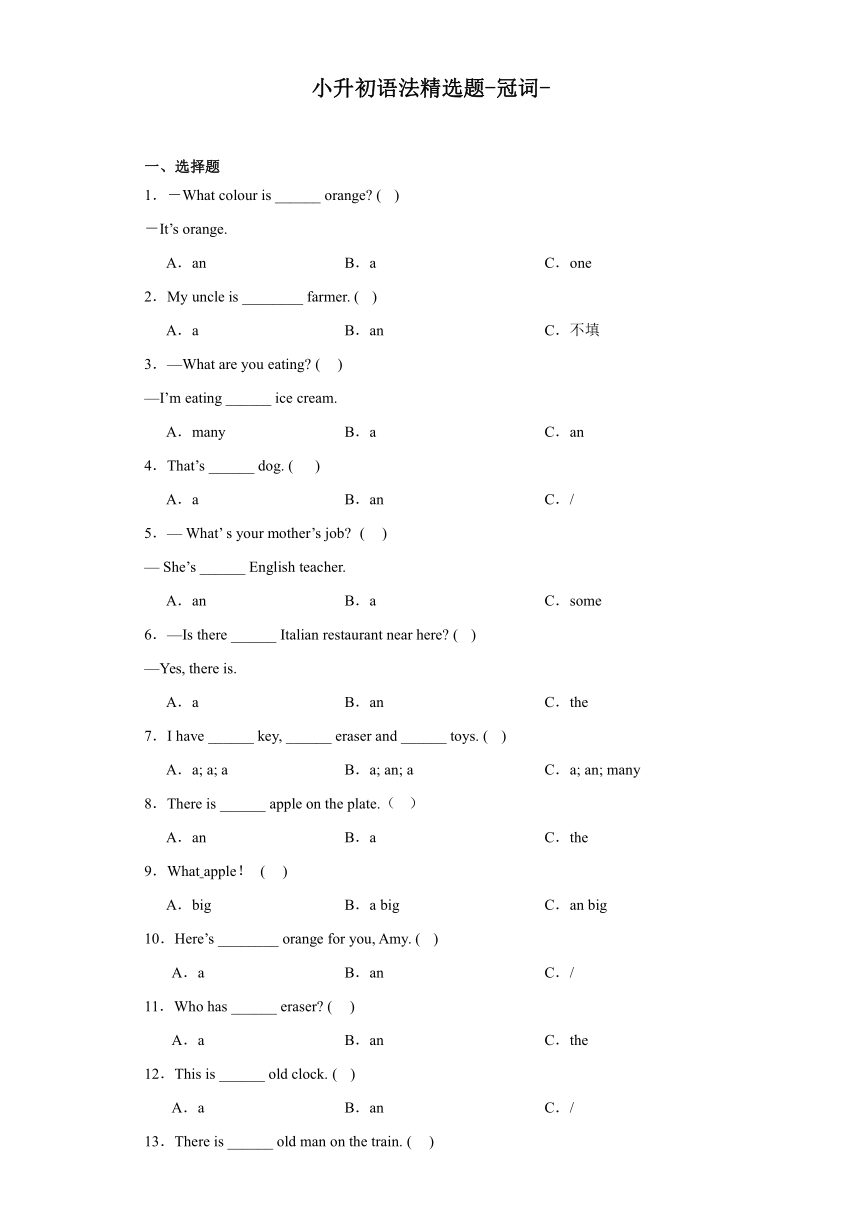 小升初语法精选题-冠词 2023-2024学年 牛津译林版 英语六年级下册 （含答案）