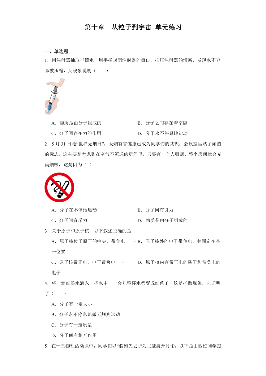 第十章　从粒子到宇宙单元练习（含答案）2023-2024学年沪粤版八年级物理下册