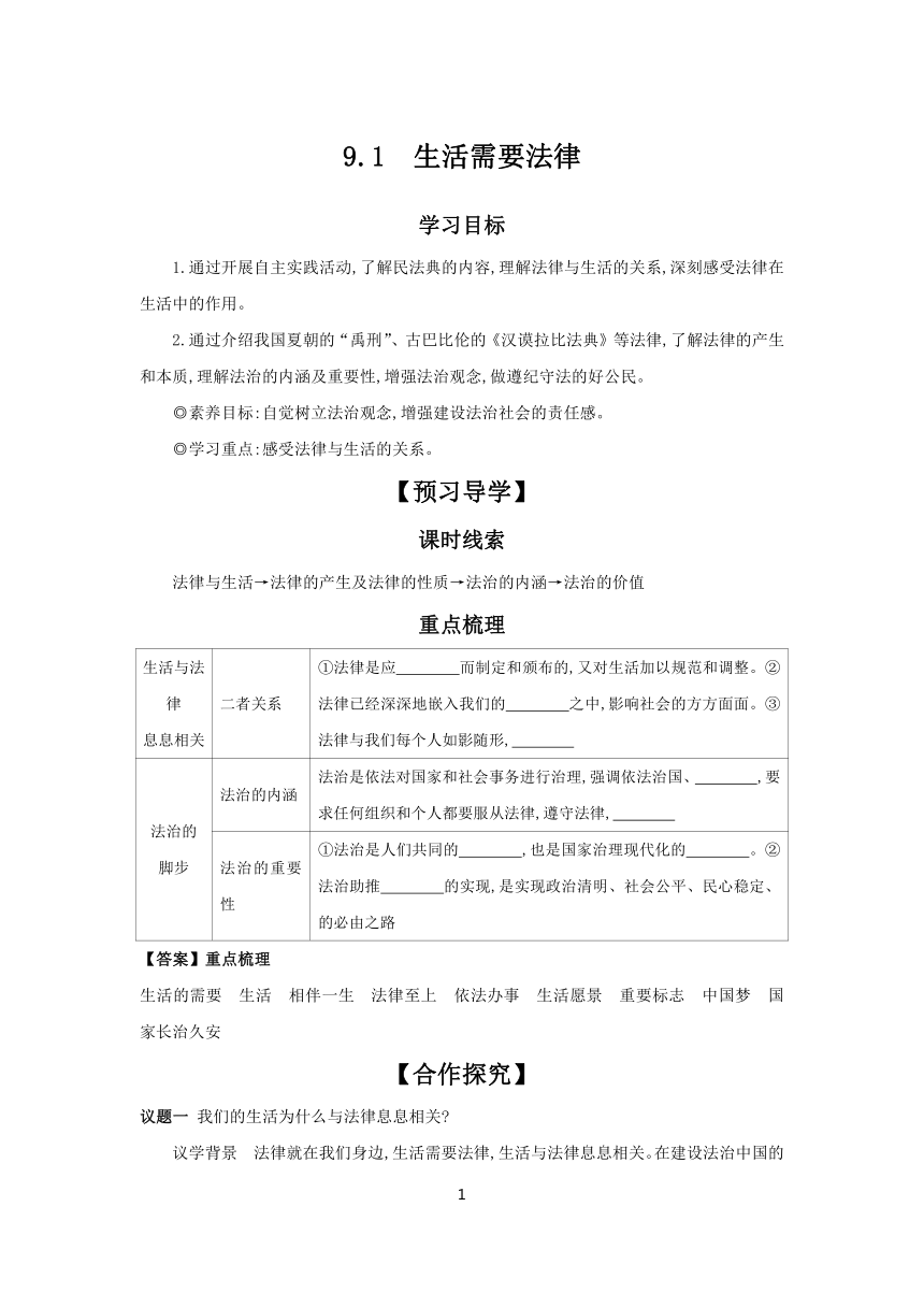 9.1 生活需要法律 学案 2023-2024学年初中道德与法治部编版七年级下册