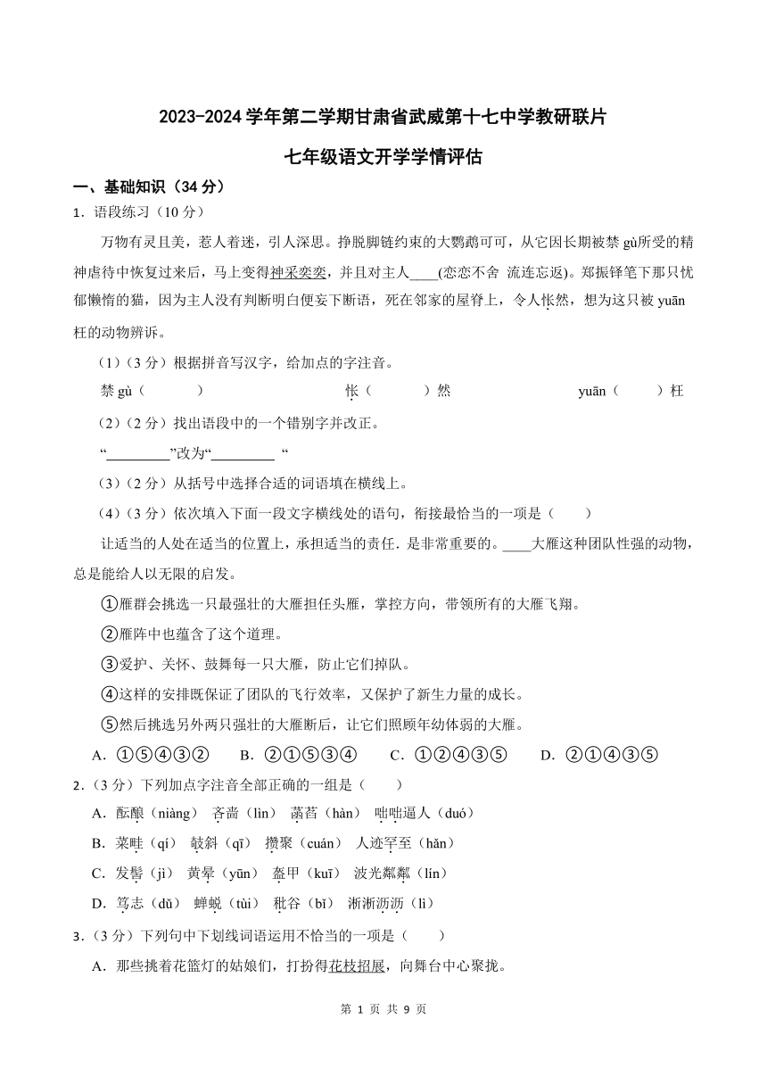 2023-2024学年第二学期甘肃省武威第十七中学教研联片七年级语文开学学情评估(含答案)