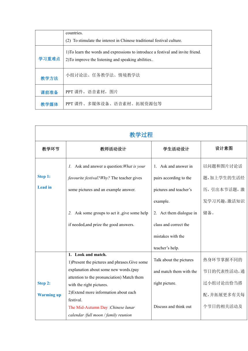 中职英语 高教版（2021）基础模块3 Unit 1 Festival Around the World Part 1-2教案（表格版）