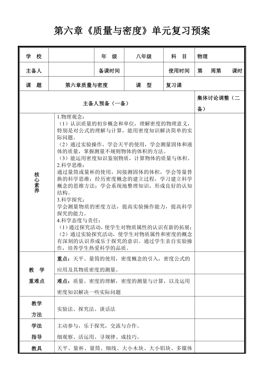 【核心素养目标】第六章《质量与密度》单元复习（表格式）2023-2024学年人教版八年级上册物理