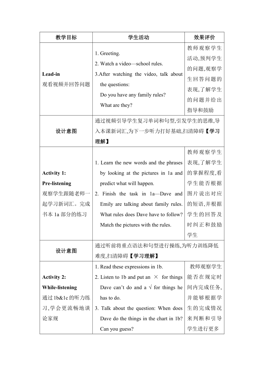 【2022新课标】Unit 4 Don't eat in class Section B (1a—1d)教案（表格式）