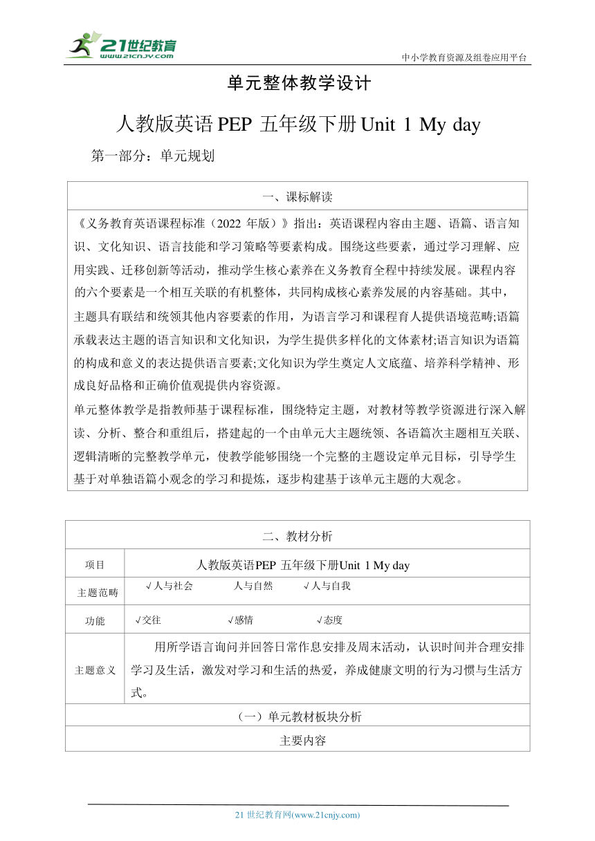 Unit 1 My day Part A Let’s talk& let’s learn 大单元教学设计